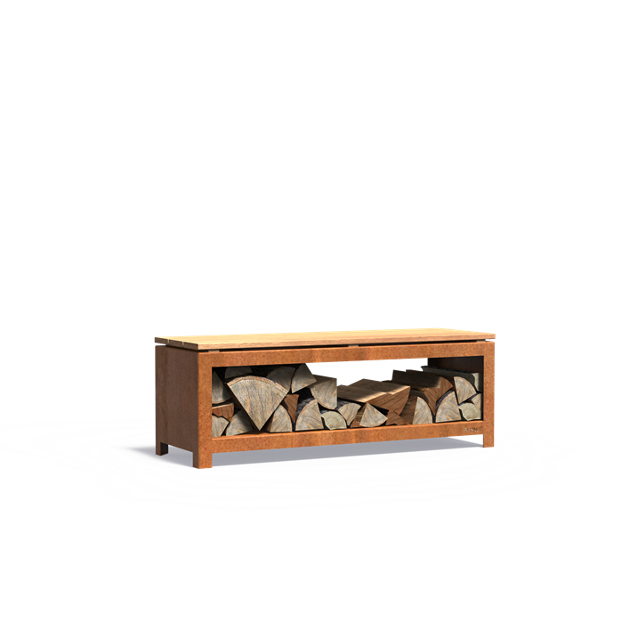 Bank met opslag voor brandhout