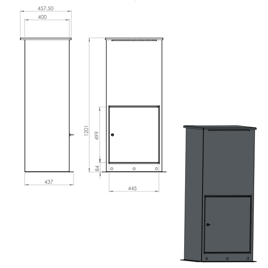 Brievenbus van gelakt staal, brieven en pakketten