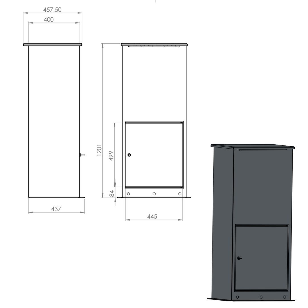 Brievenbus van gelakt staal, brieven en pakketten